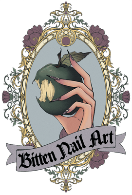 Bitten Nail Art logo of picture frame with hand with long nails holding an apple that has a bite taken out of it
